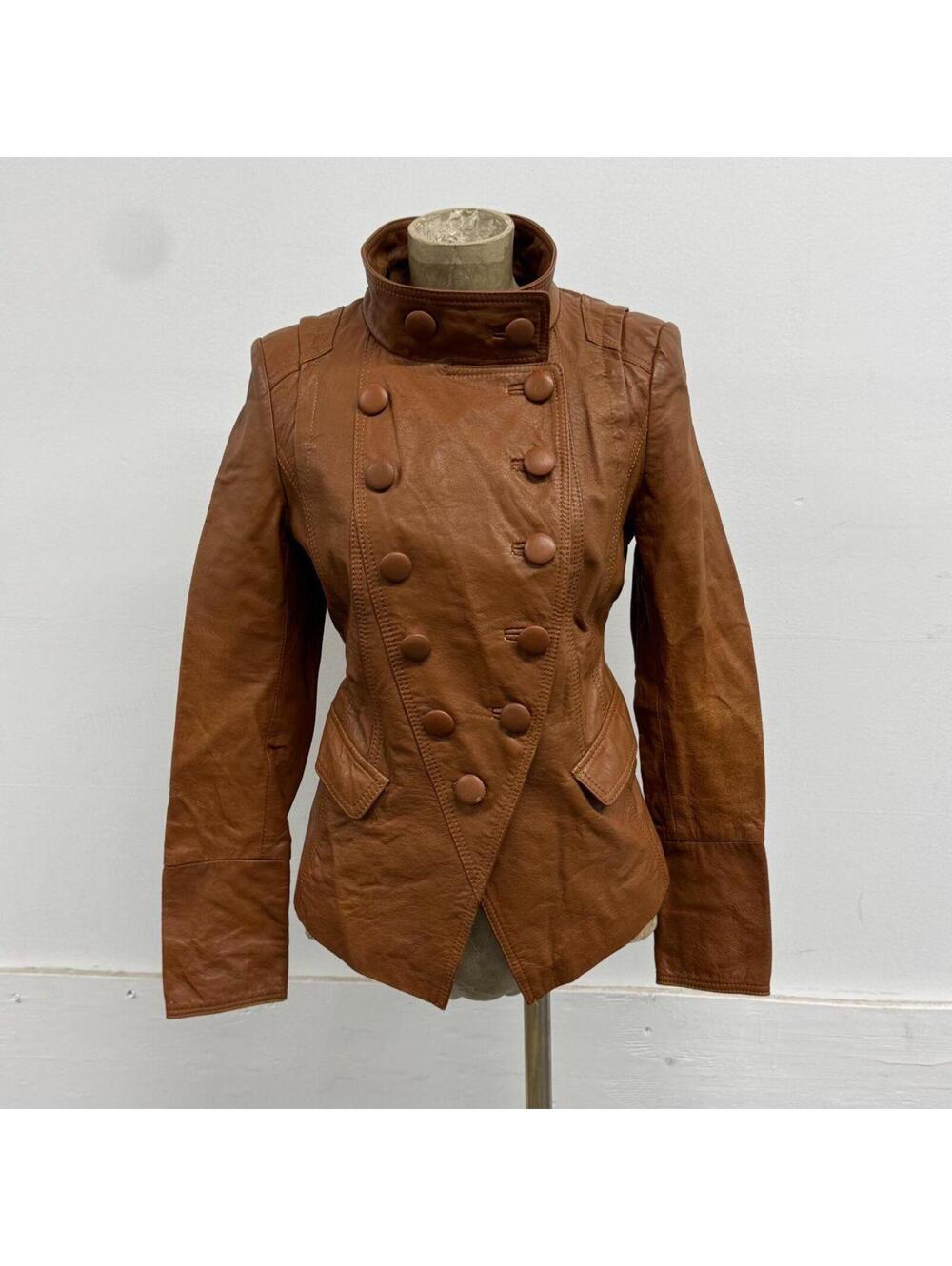 Vintage Cognac Brown Military Funnel Neck Leather Jacket